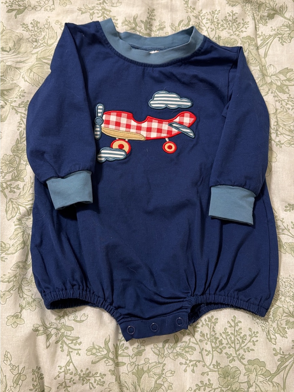 Navy Baby One-Piece Romper with Red Airplane Applique